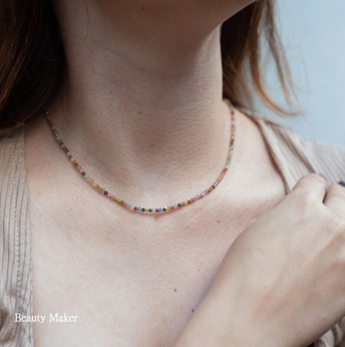 Tiny Rainbow Tourmaline Faceted 2mm Beads Choker Healing Dainty Layered Necklace