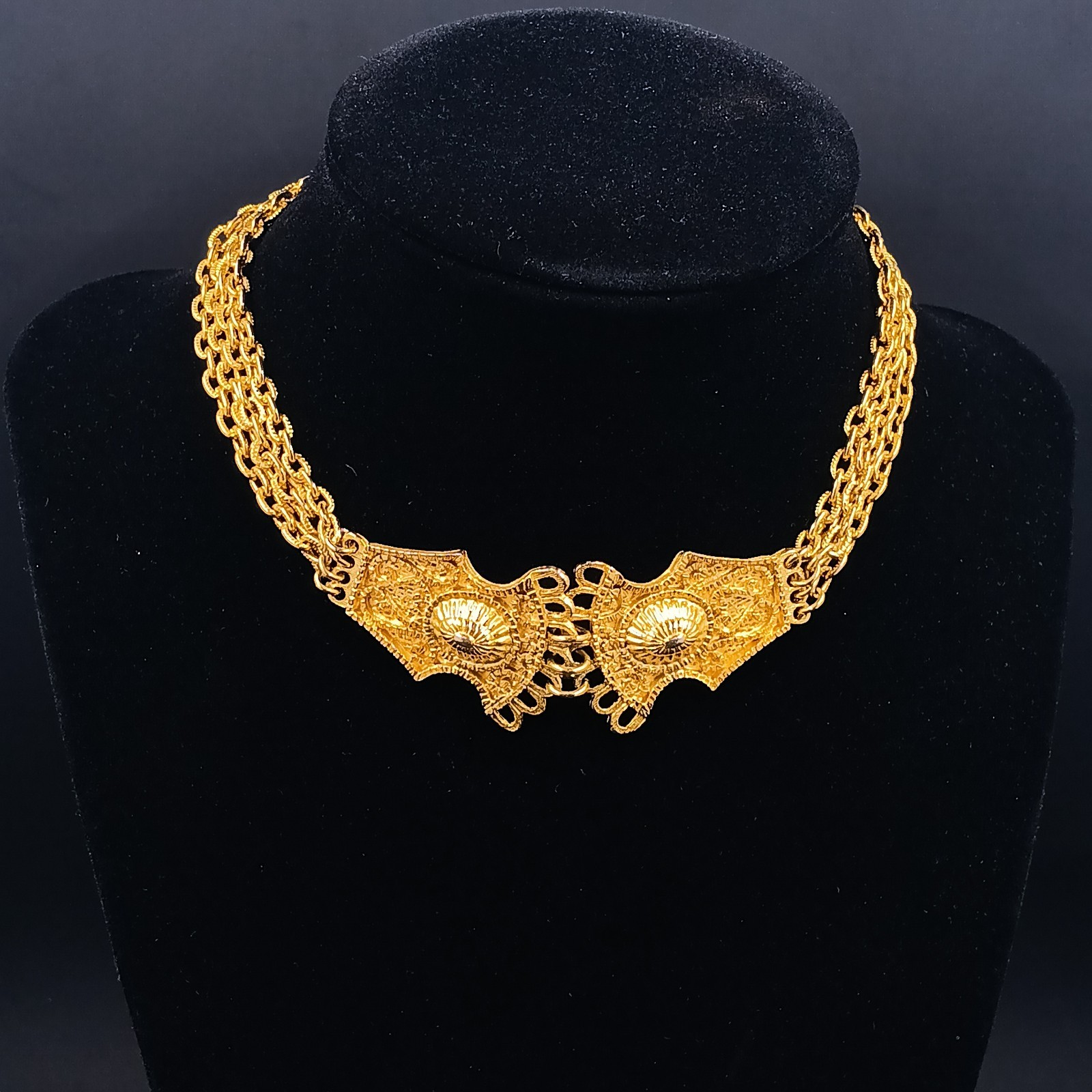 Vintage Gold Tone Ornate Filigree Multi Chain Choker Necklace 14″