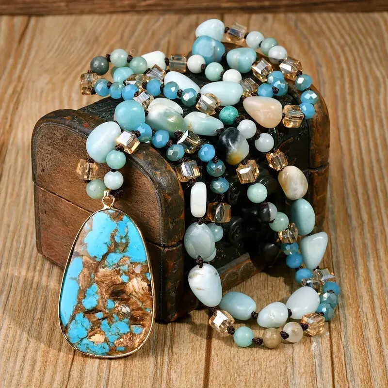 Boho Vintage Amazonite Bead Necklace Pendant Natural Stone Long Chain Women