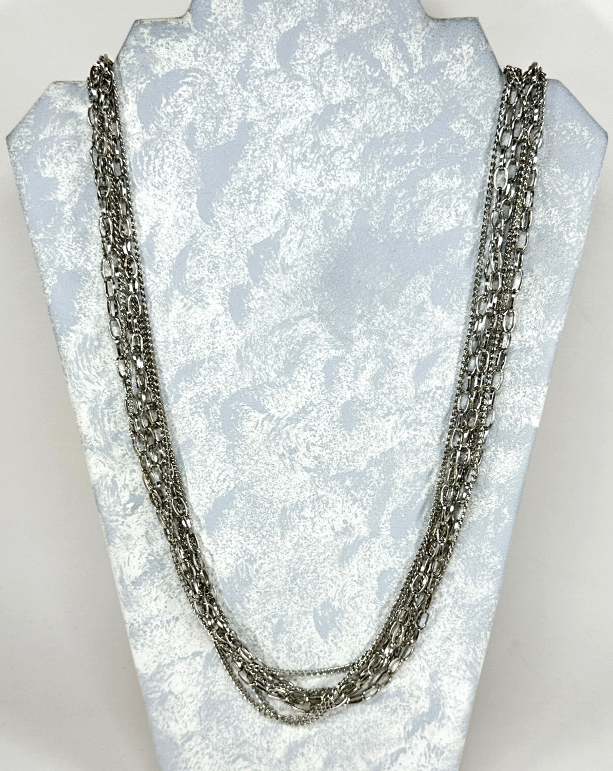 Necklace Heavy Shiny 7 Strand Silver Tone 40 Inch Bib Length Mixed Link Chains