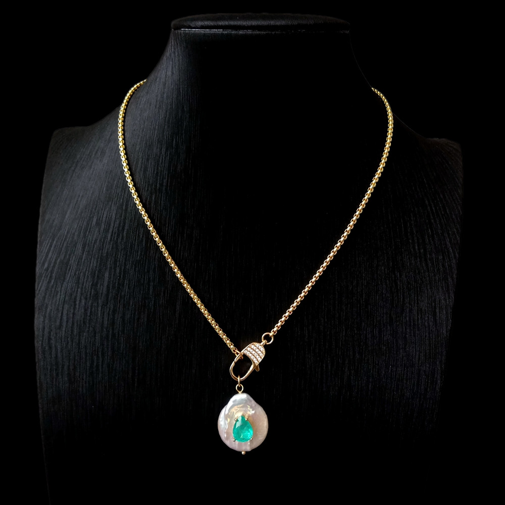 Cultured White Coin Pearl Green Quartz Pendant Gold Plated Chain Necklace