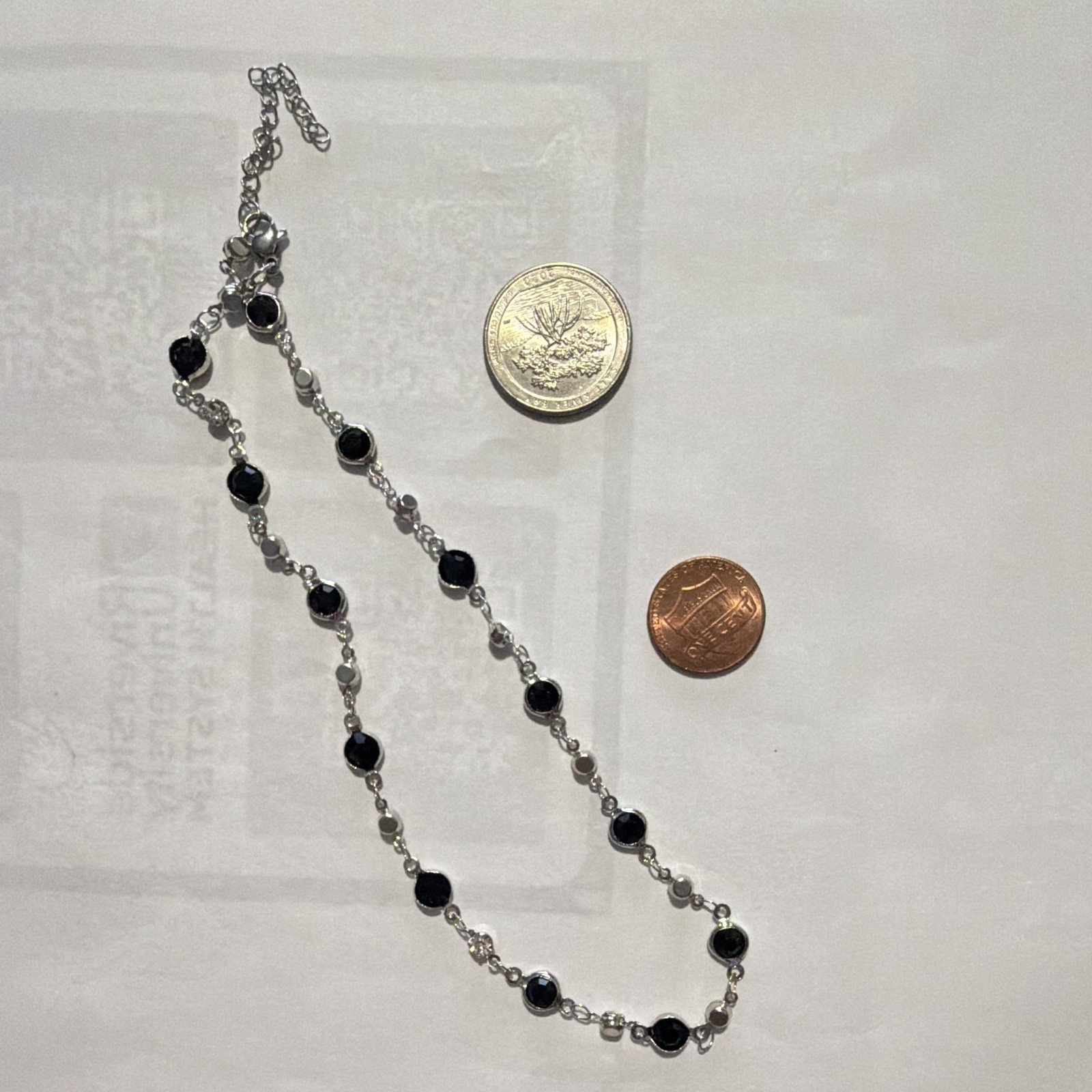 Silver Tone Station Beaded Necklace Black Round Glass Beads Cable Adjustable