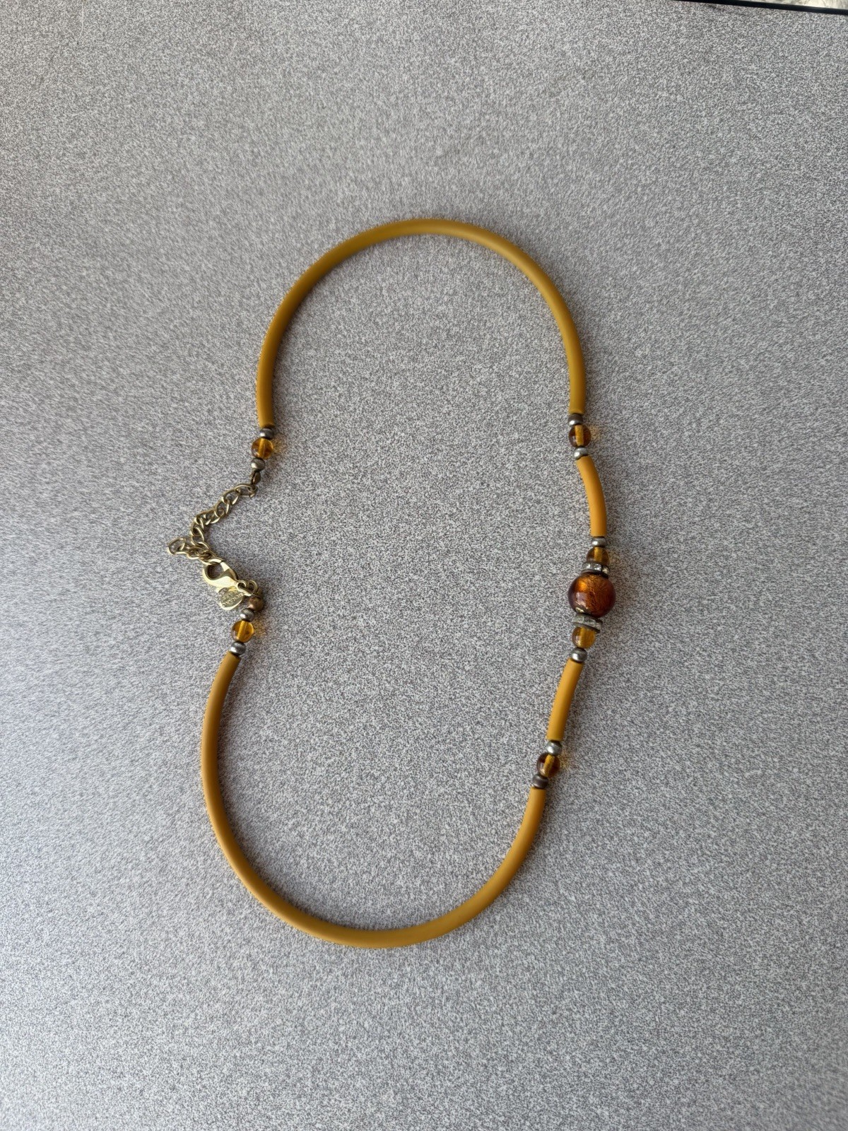 Yellow Cord Murano Glass Bead Necklace Amber Round Center Lobster Extender