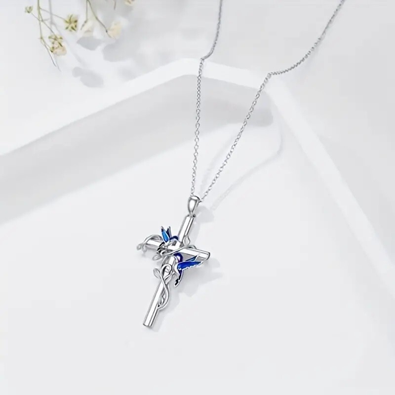 Elegant 925 Sterling Silver Cross Hummingbird Fashion Jewelry Pendant Necklace