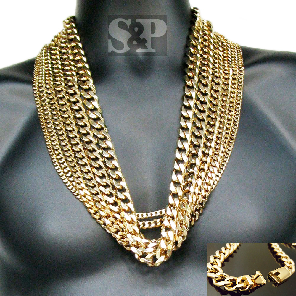 Hip Hop 6mm~14mm Gold Stainless Steel Miami Cuban Curb 24″, 30″ Chain Necklace