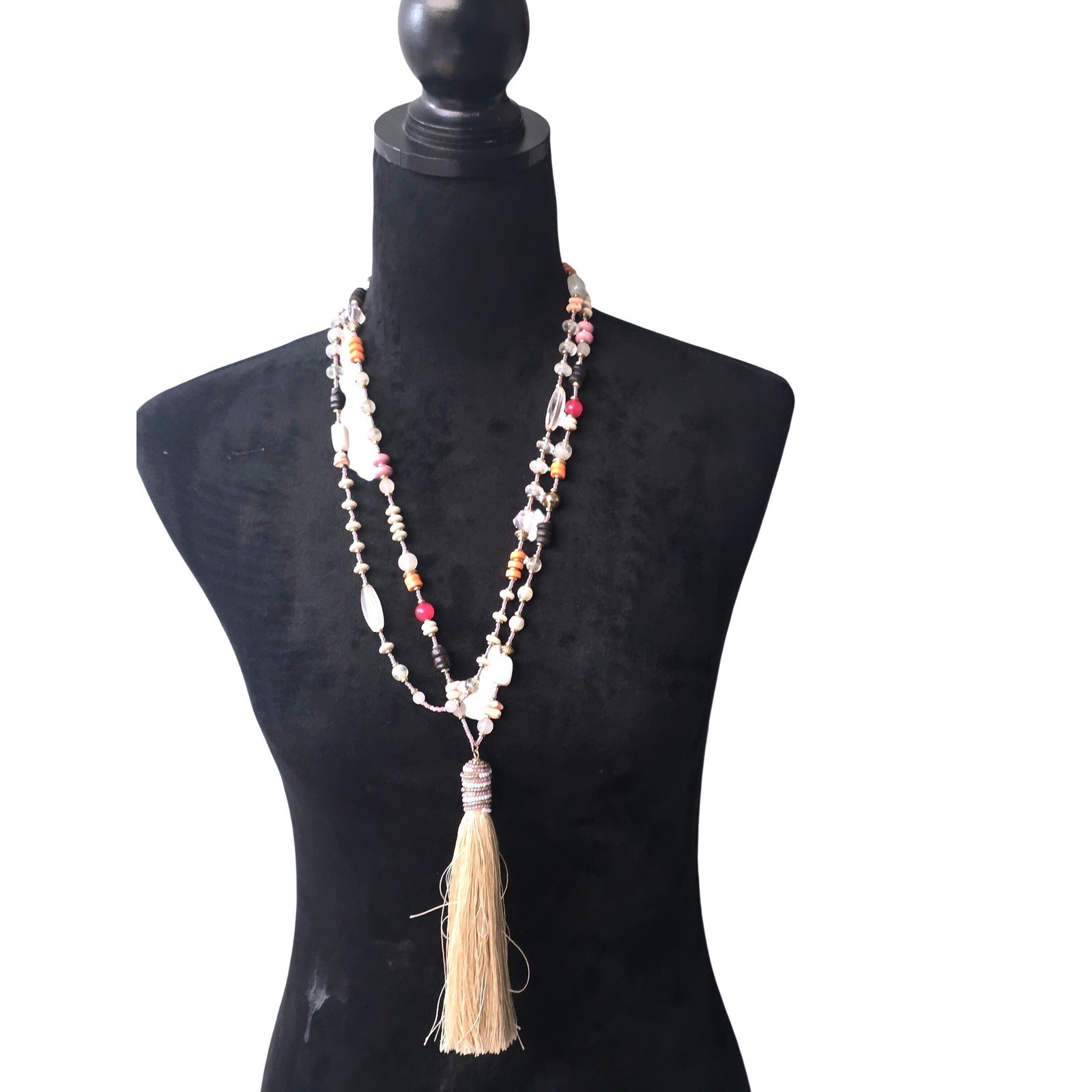 Versona Bradley Layered Bead Tassel Necklace Gold Tone Shell Multicolor Boho