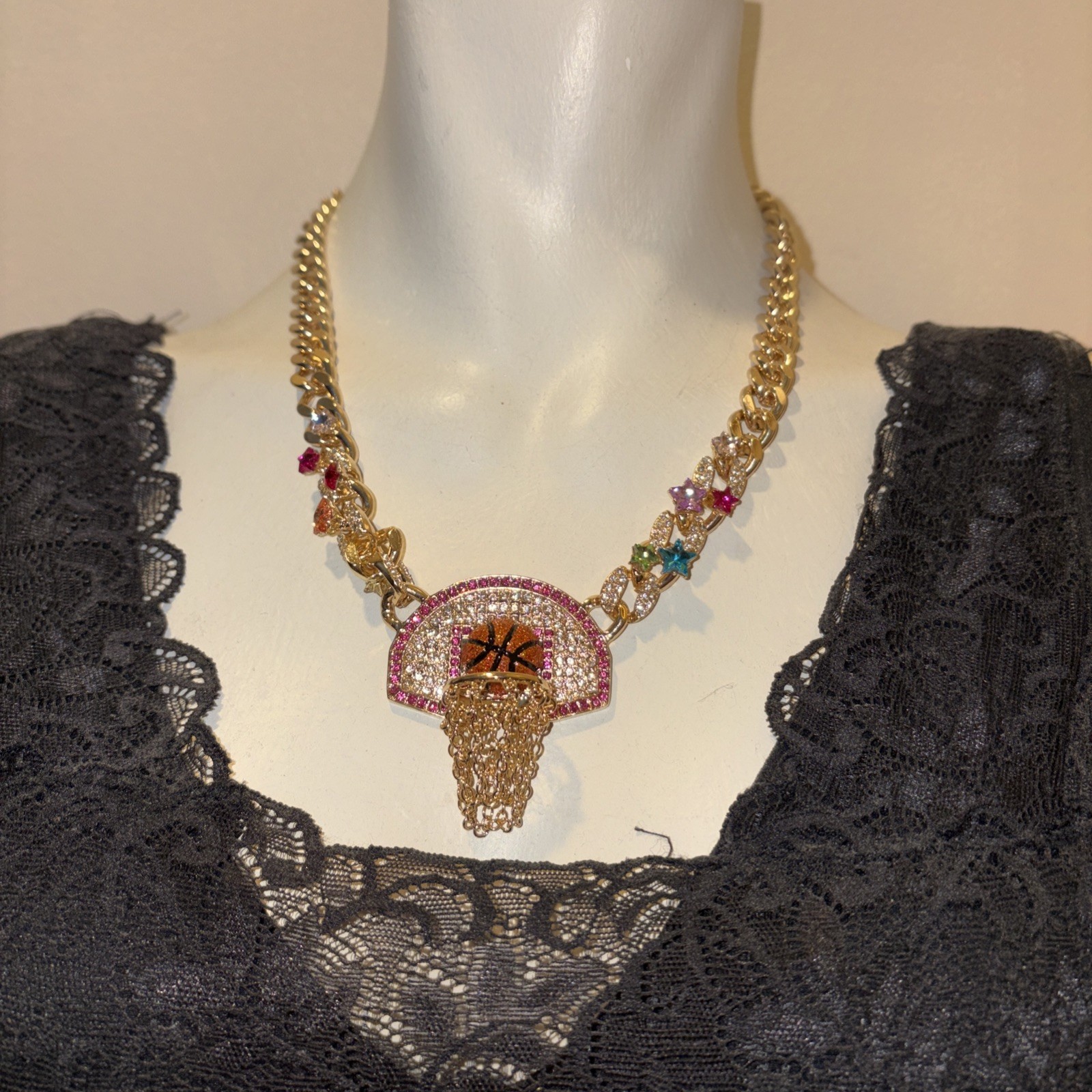 Betsey Johnson Necklace Gold Tone Basketball Hoop Drop With Orange Glitter Balls