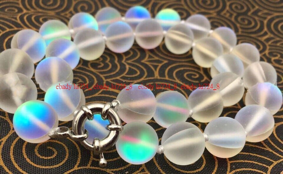 6-12mm White Gleamy Rainbow Moonstone Round Gems Beads Necklace 16-36”