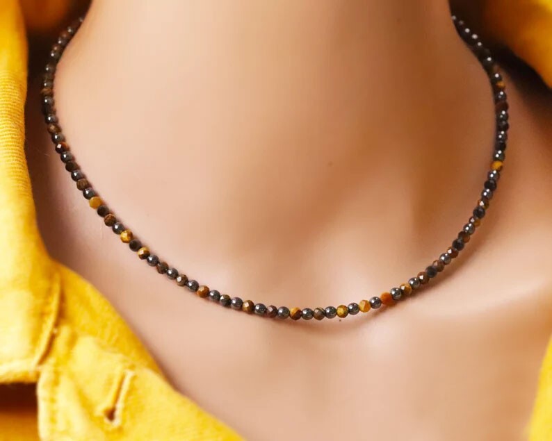 Triple Protection Tiger Eye Obsidian Hematite Beaded Women Men’s Choker Necklace