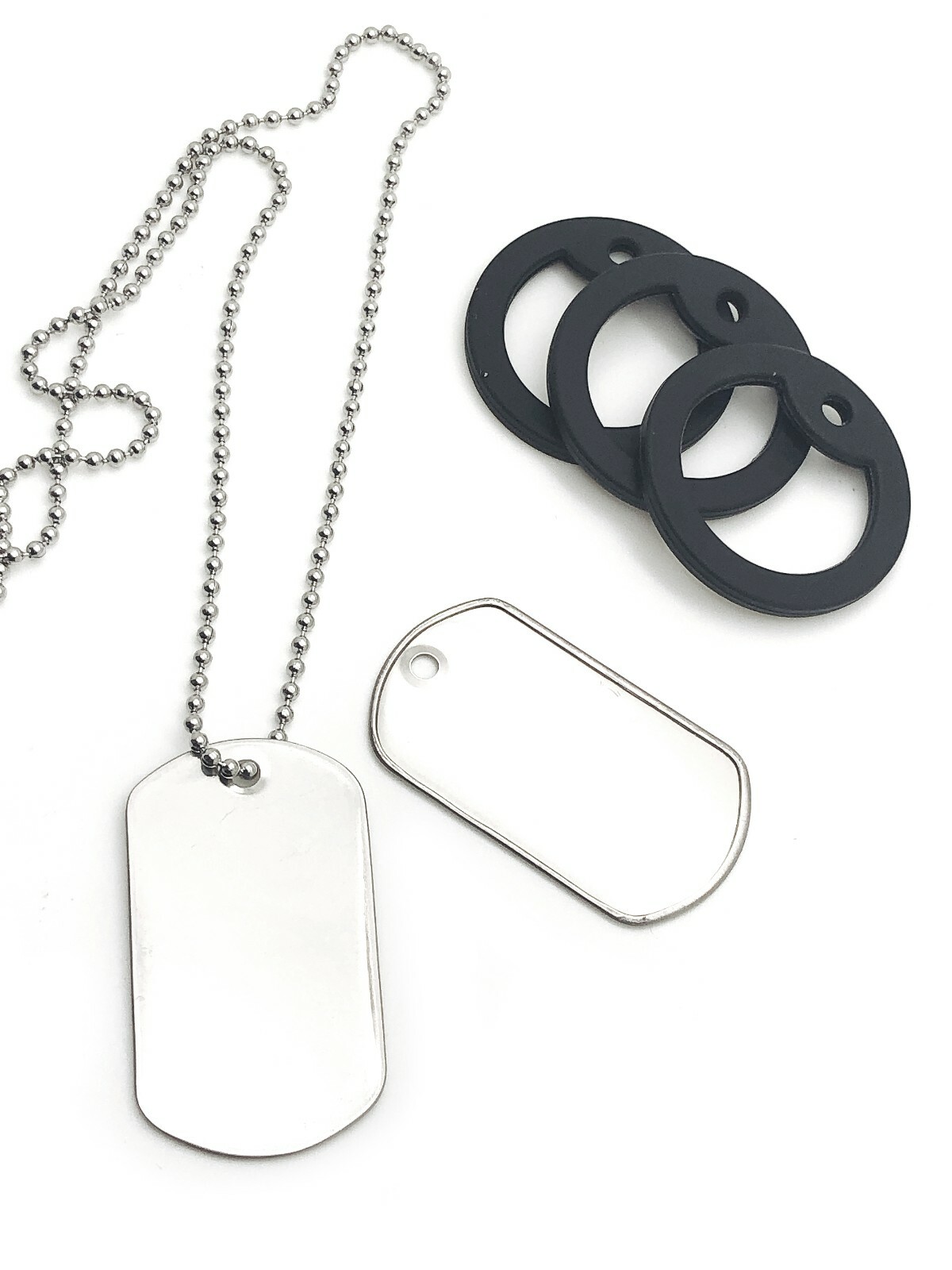 100 EACH STAINLESS STEEL DOG TAGS, 24″ BALL CHAIN NECKLACE, SILENCERS REPAIR KIT