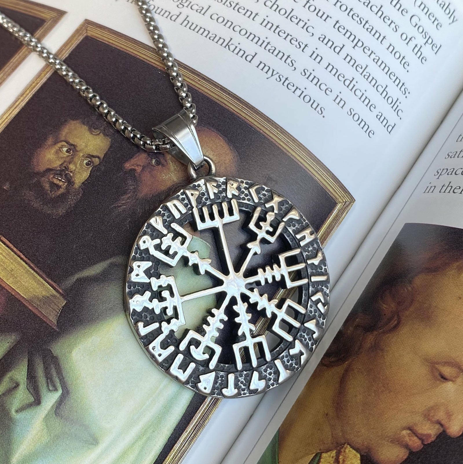 MENDEL Mens Norse Viking Rune Vegvisir Compass Pendant Necklace Stainless Steel