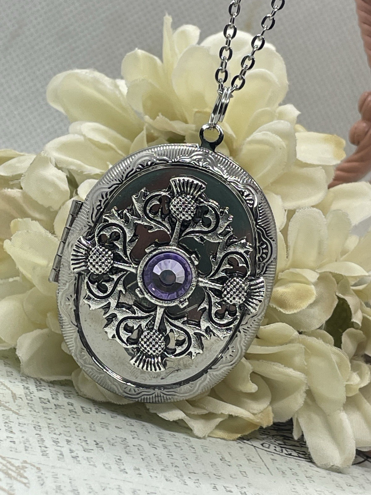 Silver Purple SCOTTISH THISTLE Scotland LOCKET NECKLACE CAMEO PHOTO CELTIC gift