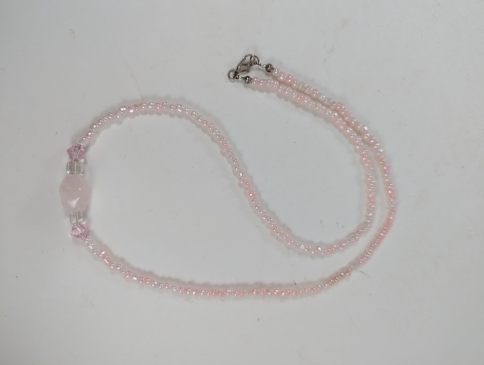 Pink Glass Beaded Necklace Lobster Claw Clasp Larger Middle Bead 24 inches
