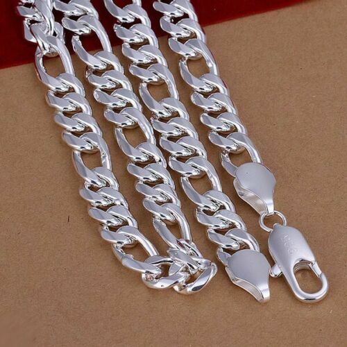 18″ – 24″ Mens 925 Sterling Silver 12mm Width Figaro Cuban Link Chain Necklace