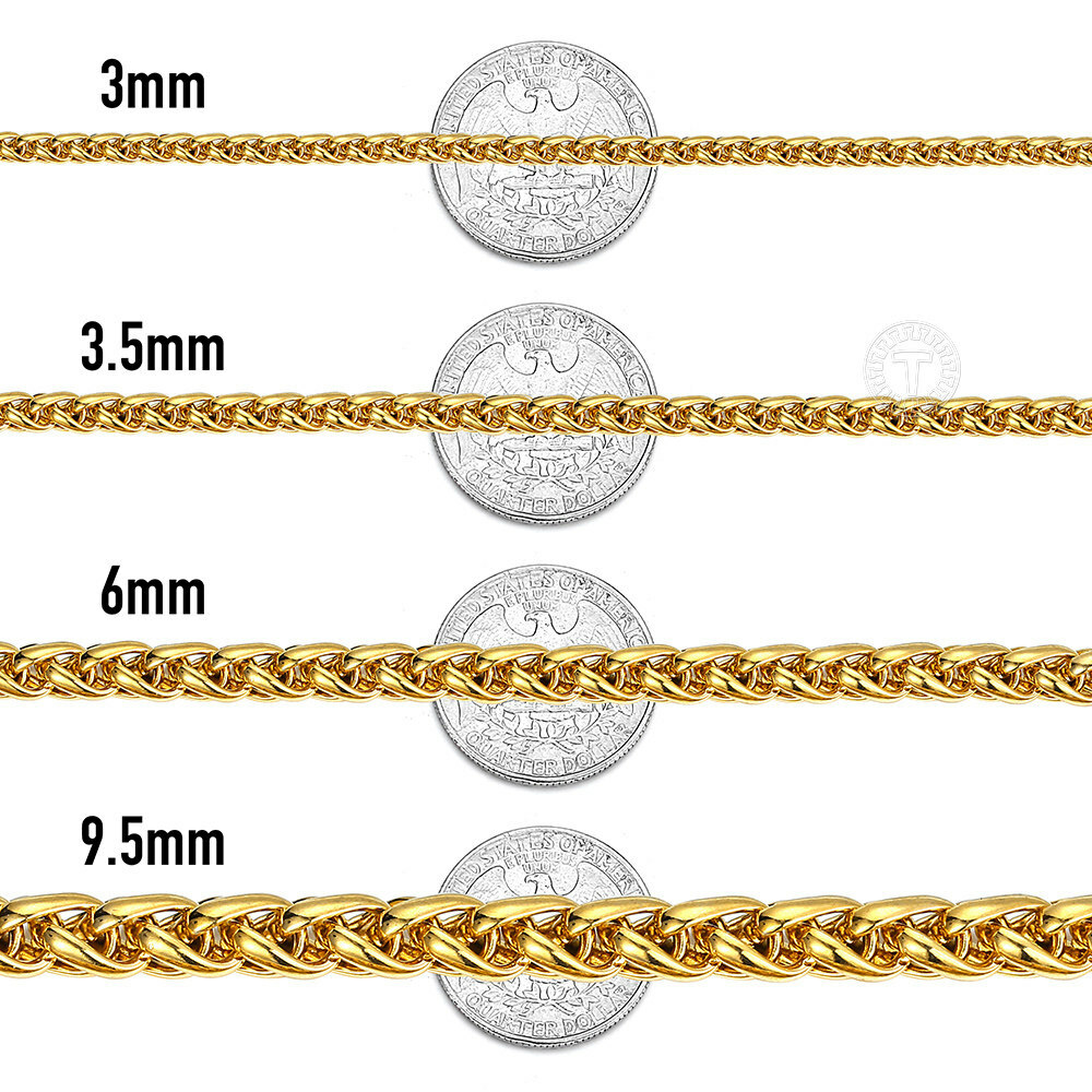 18K Gold Plated Stainless Steel Wheat Braided Chain Necklace Jewelry 3mm – 9.5mm