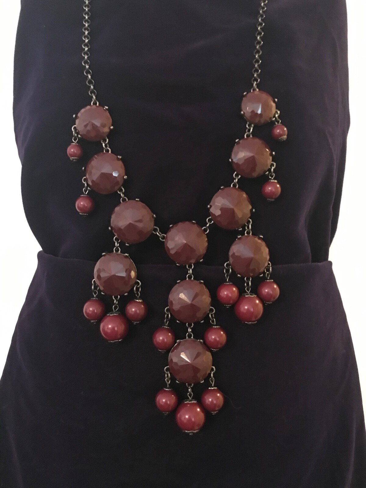 BLACK METAL CHAIN NECKLACE WITH BROWN GLASS BEADS, NO MARK, APP. 16″ LONG