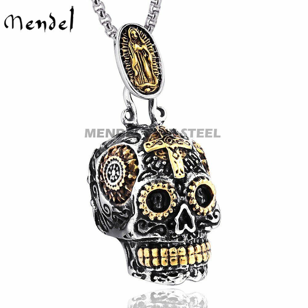MENDEL Mens Gothic Gold Plated Tone Biker Skull Pendant Necklace Stainless Steel