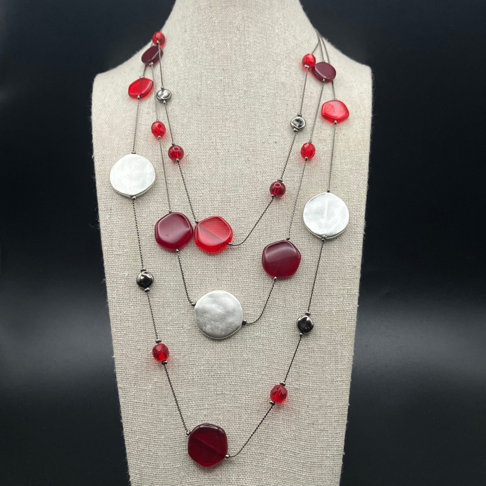 Chicos Necklace Multi Strand Layered Beaded Statement Jewelry Red 20 “