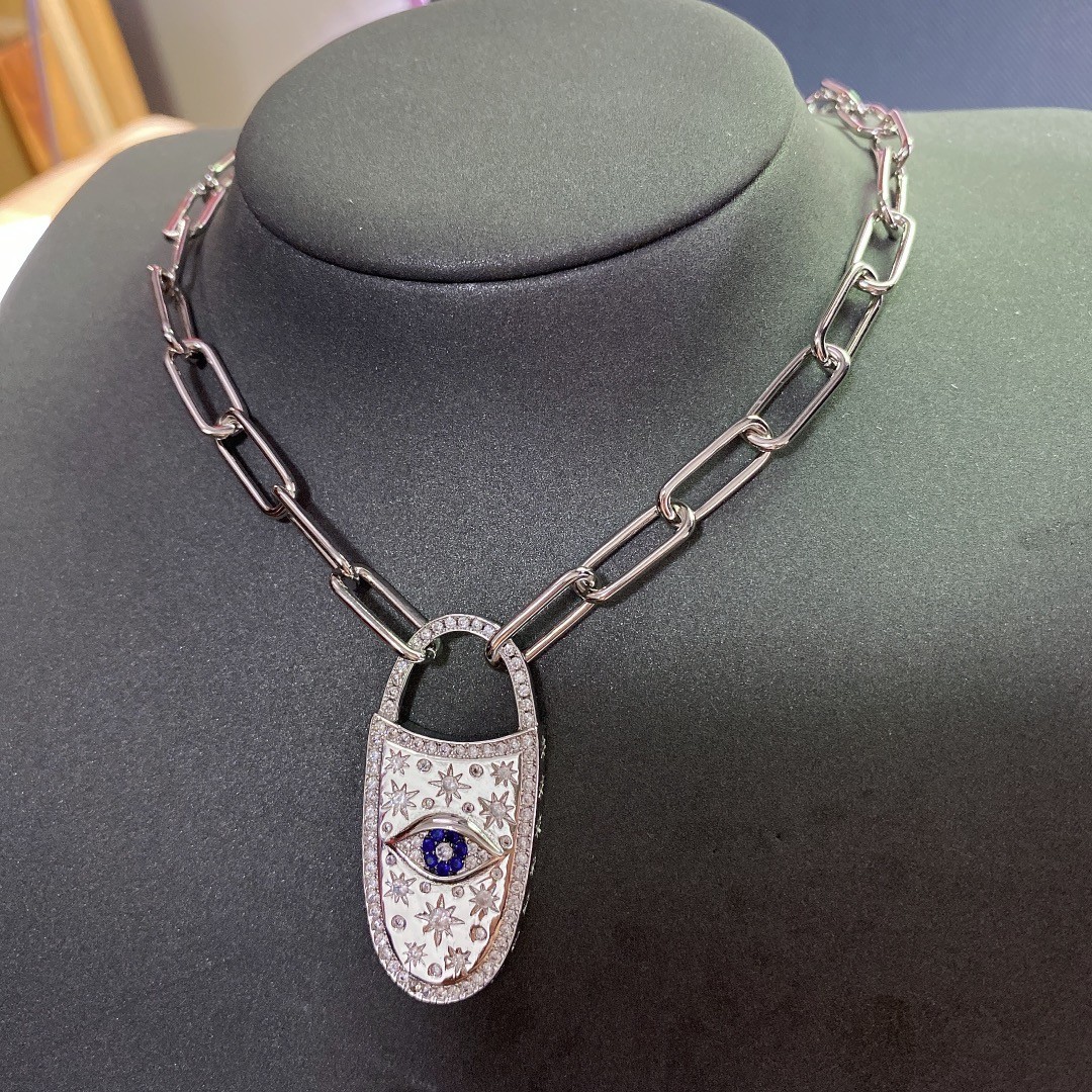 APM Monaco Evil Eye Crystal Padlock Chain Necklace Silver Tone Statement Jewelry