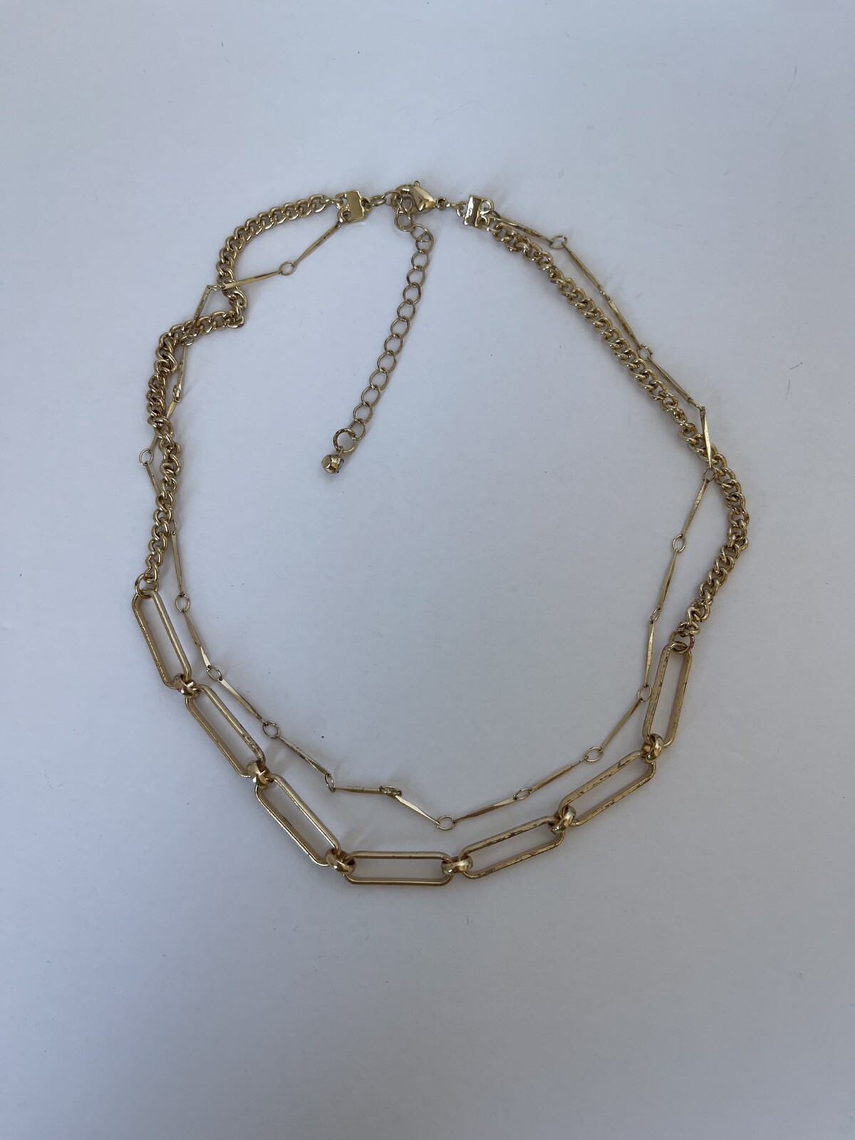 Gold Tone Double Chain Paper Clip Necklace 14”
