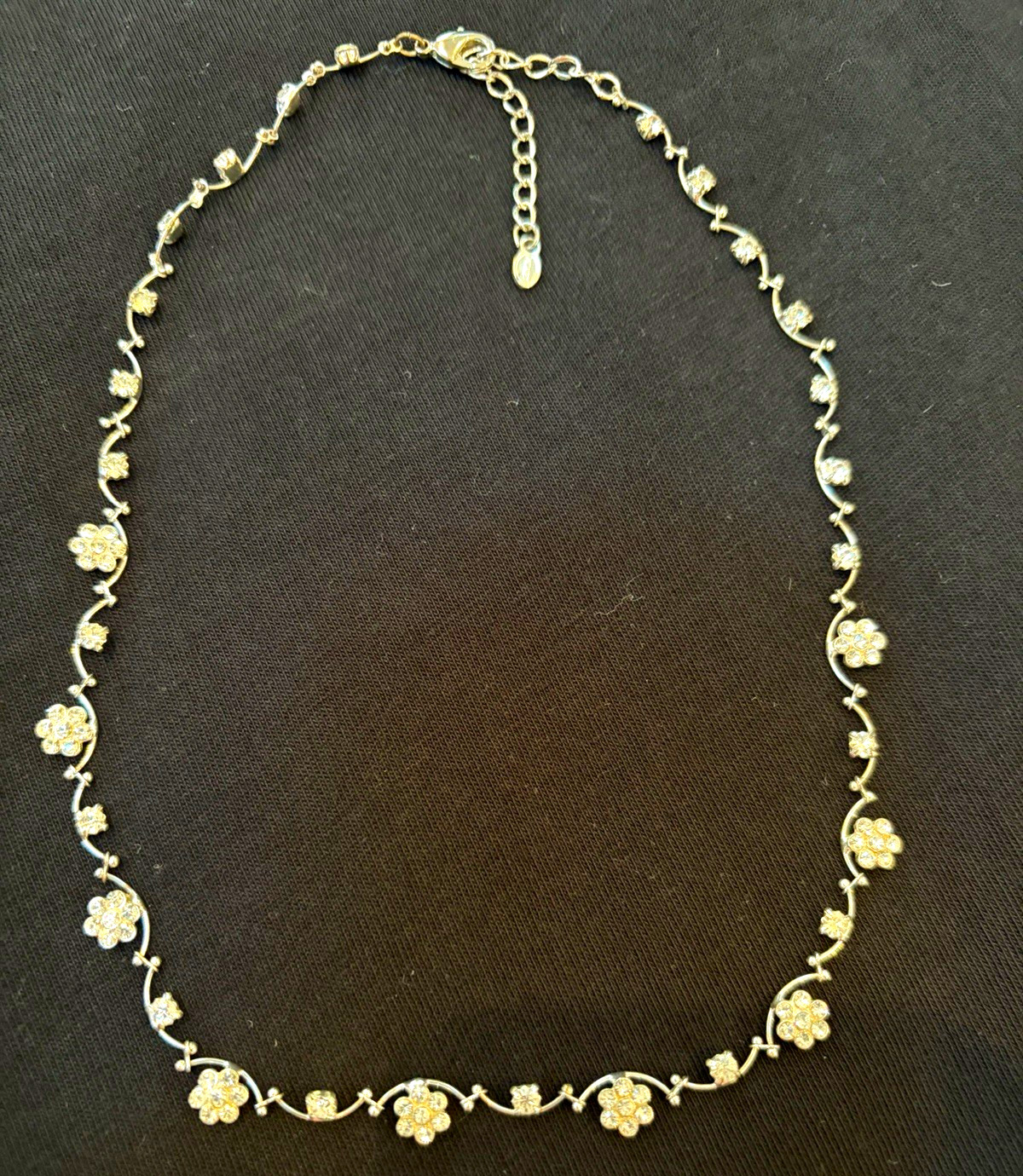 Silver Tone Floral Crystal Rhinestone Cable Chain Necklace w/ Extender Lobster