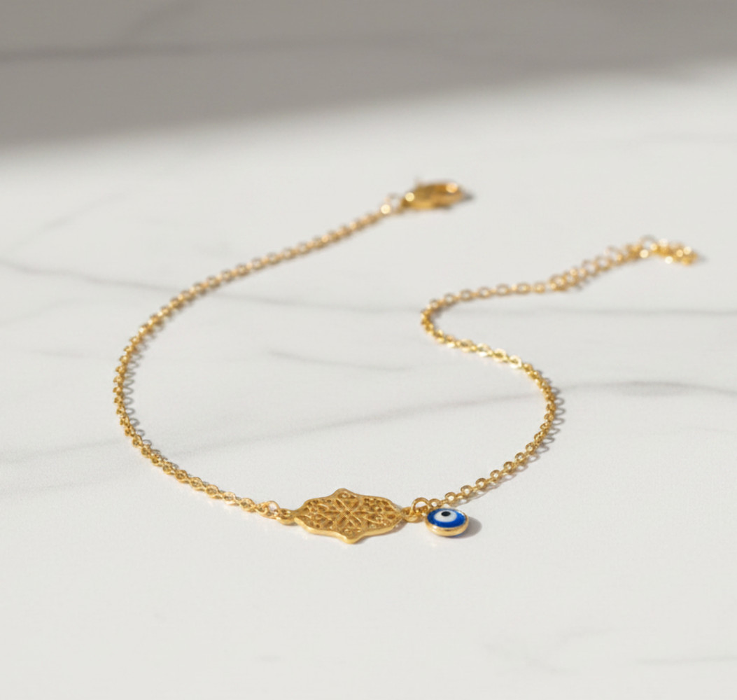 The Aurelia Filigree Anklet — Hamsa & Evil Eye Protection