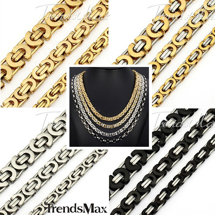 7mm 18-30″ Mens Chain Flat Byzantine Black/Silver/Gold Stainless Steel Necklace