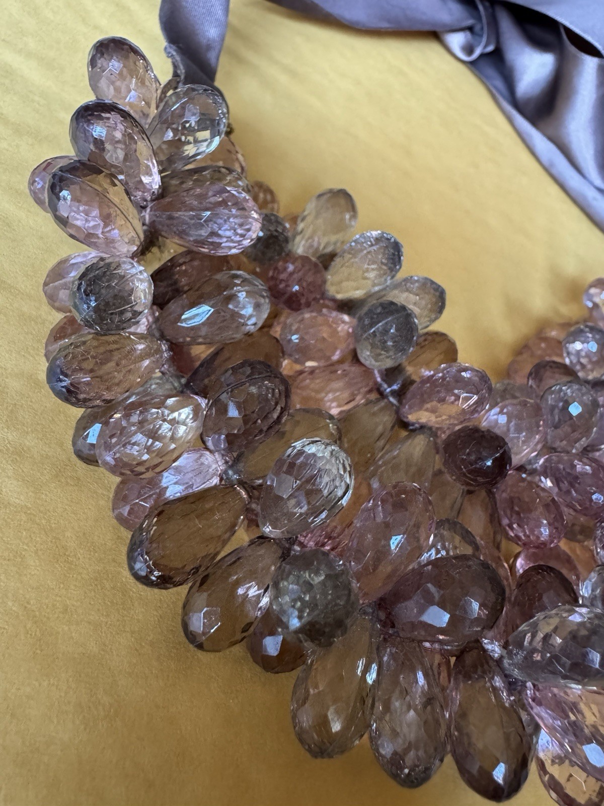 Statement Necklace Cluster Faceted Clear Purple Glass Gray Drop Beads Ribbon Tie