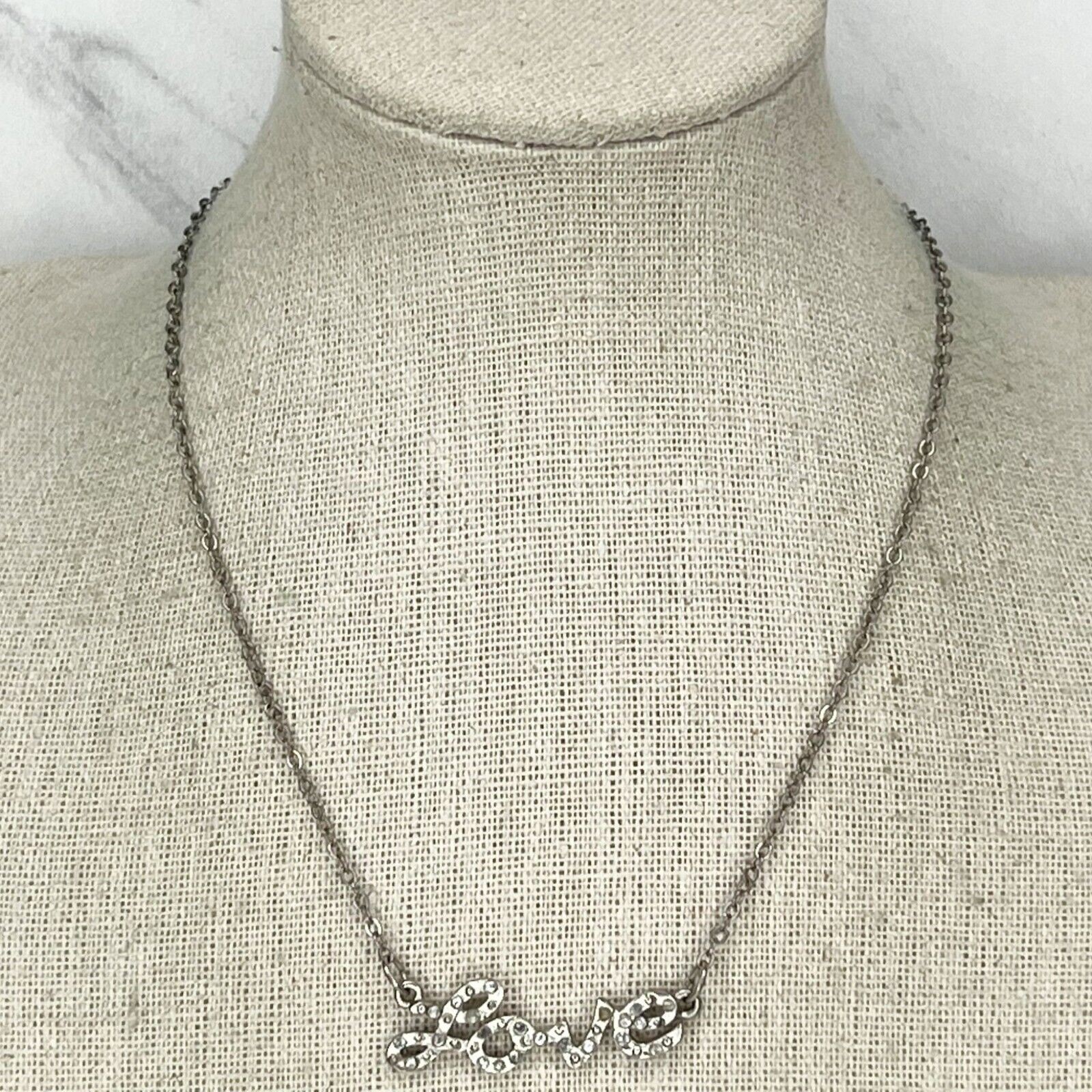 Rhinestone Studded Love Silver Tone Chain Link Necklace