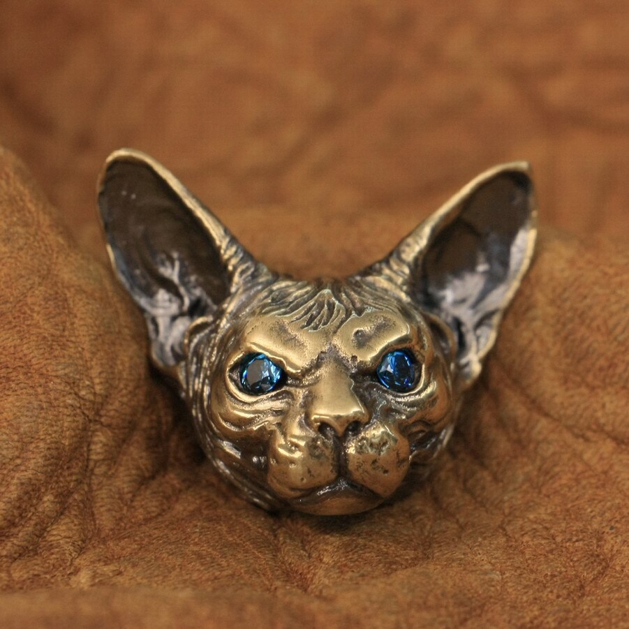 Good Details Blue Eyes Brass Sphynx Cat Pendant Punk Animal Jewelry BR113A
