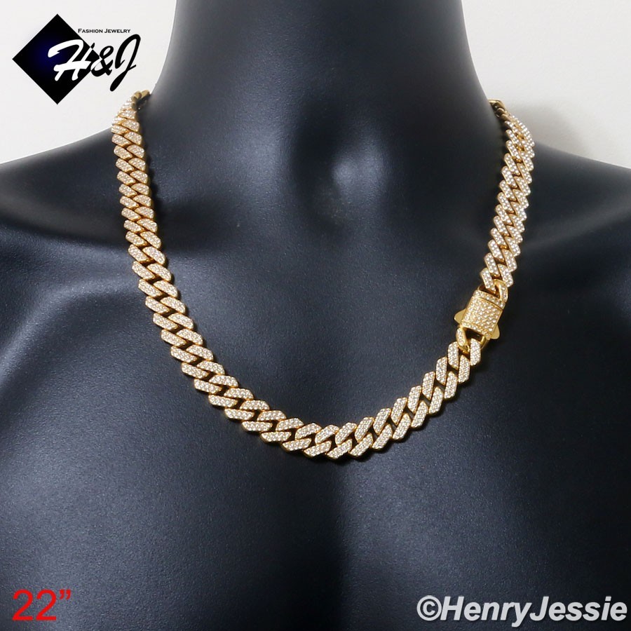 16″-40″MEN Stainless Steel Full CZ 10/12mm Gold Plated Miami Curb Necklace*GN171