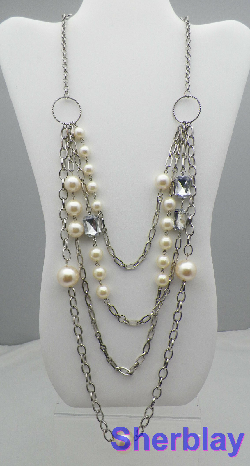Costume Jewelry Faux Acrylic Pearl & Rhinestone Beads Silver Tone Chain Necklace