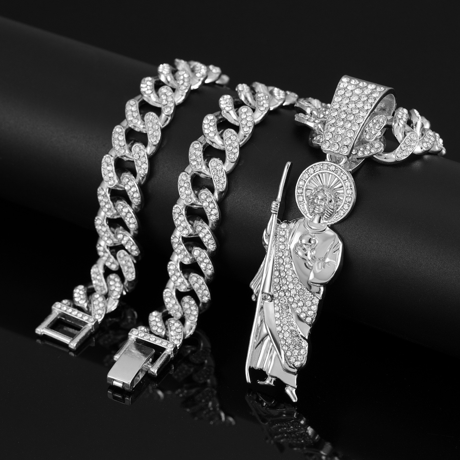 Hip hop Zinc Alloy Rhinestone Religious Portrait Pendant Cuban Chain Necklace