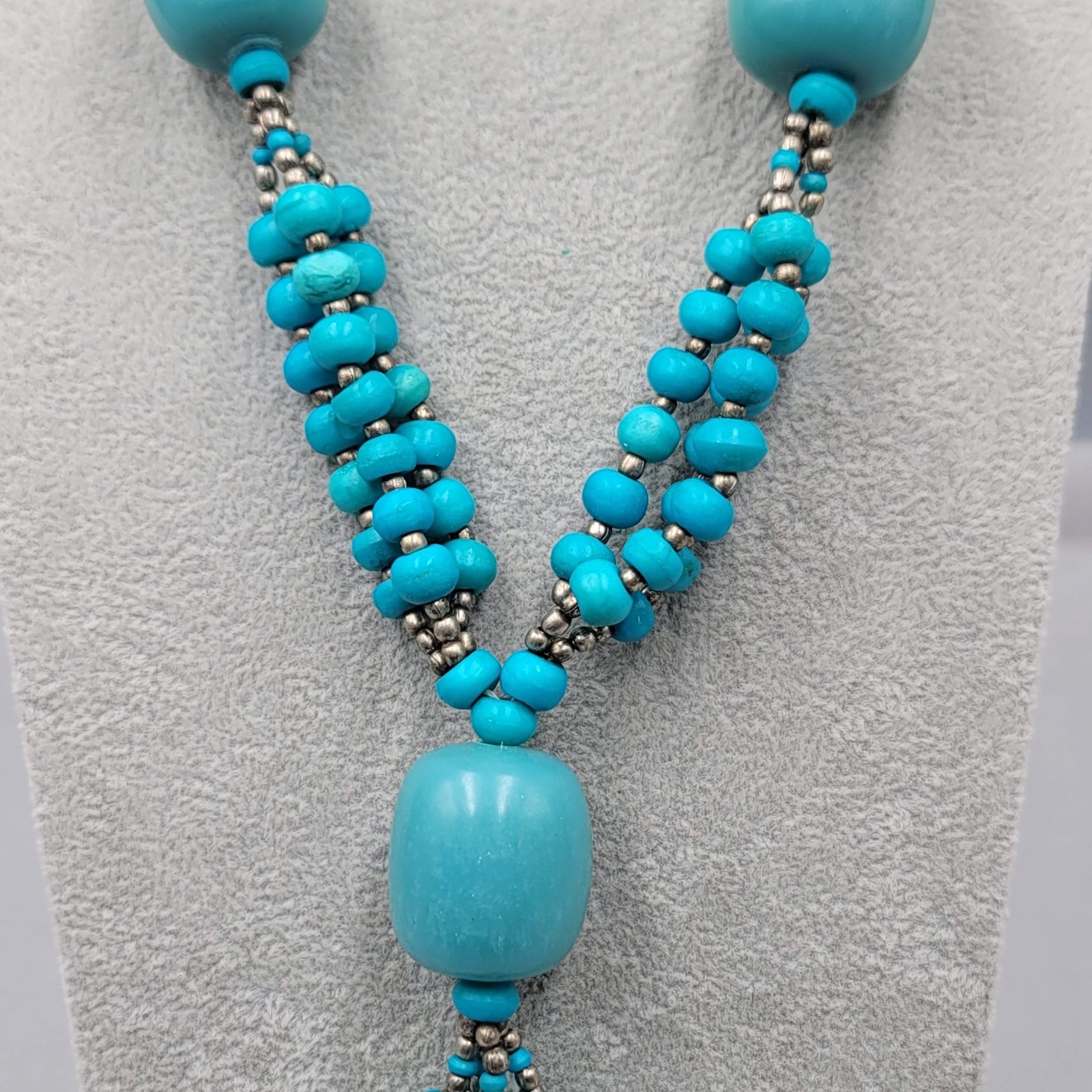 Turquoise Blue Resin Statement Bead Necklace Tassel Pendant 24″