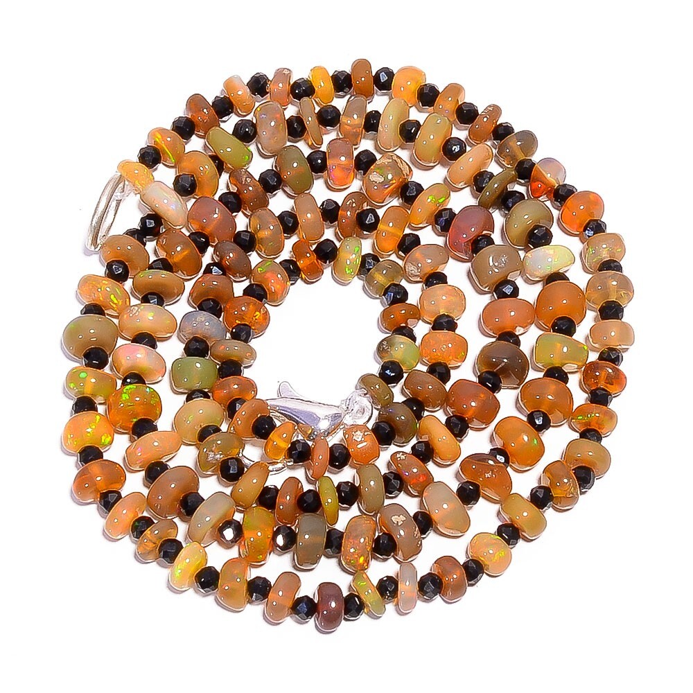 33.5 Ct. Natural Multi Fire Ethiopian Opal Gemstone Beads Necklace 16″ A-2520