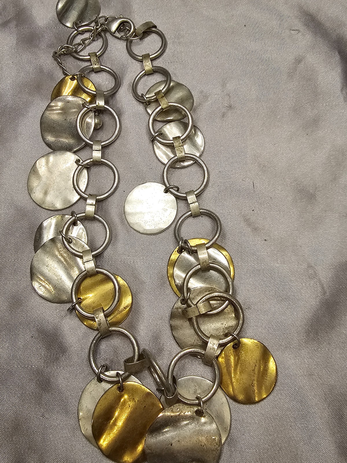 Mixed Metal Disc Necklace Silver Gold Hammered Circles Modern Statement