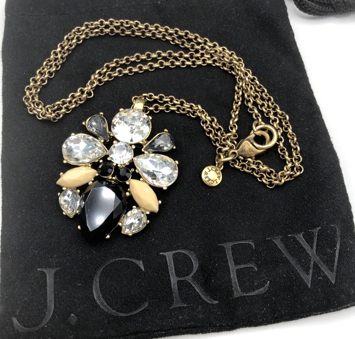 J CREW Pendant Necklace Neutral Crystals Black Clear Tan Antique Gold Tone w Bag