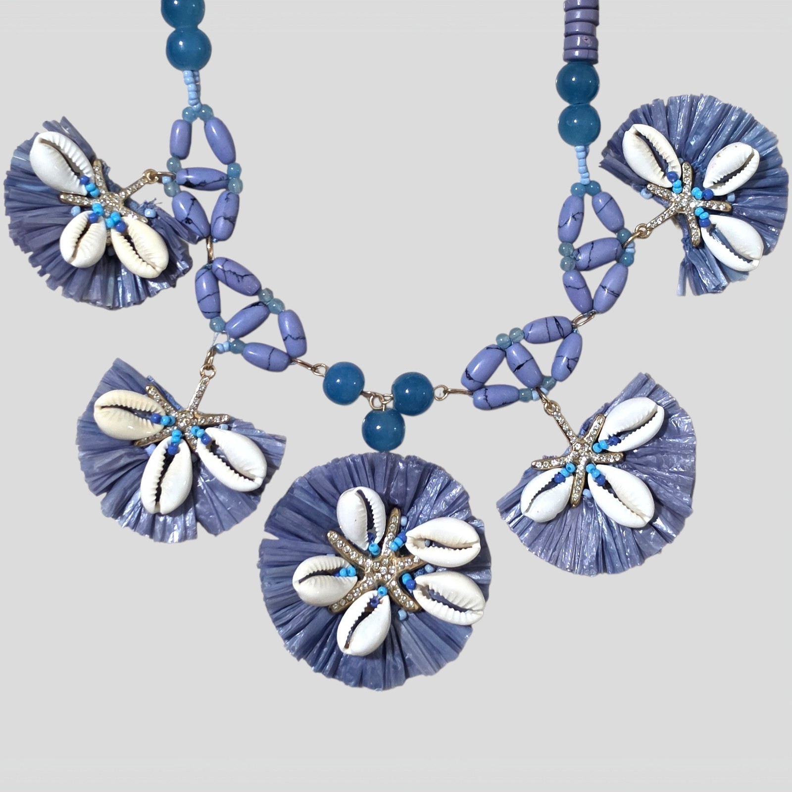 Chico’s Coastal Shell Raffia Statement Necklace Blue Beaded Resort Boho