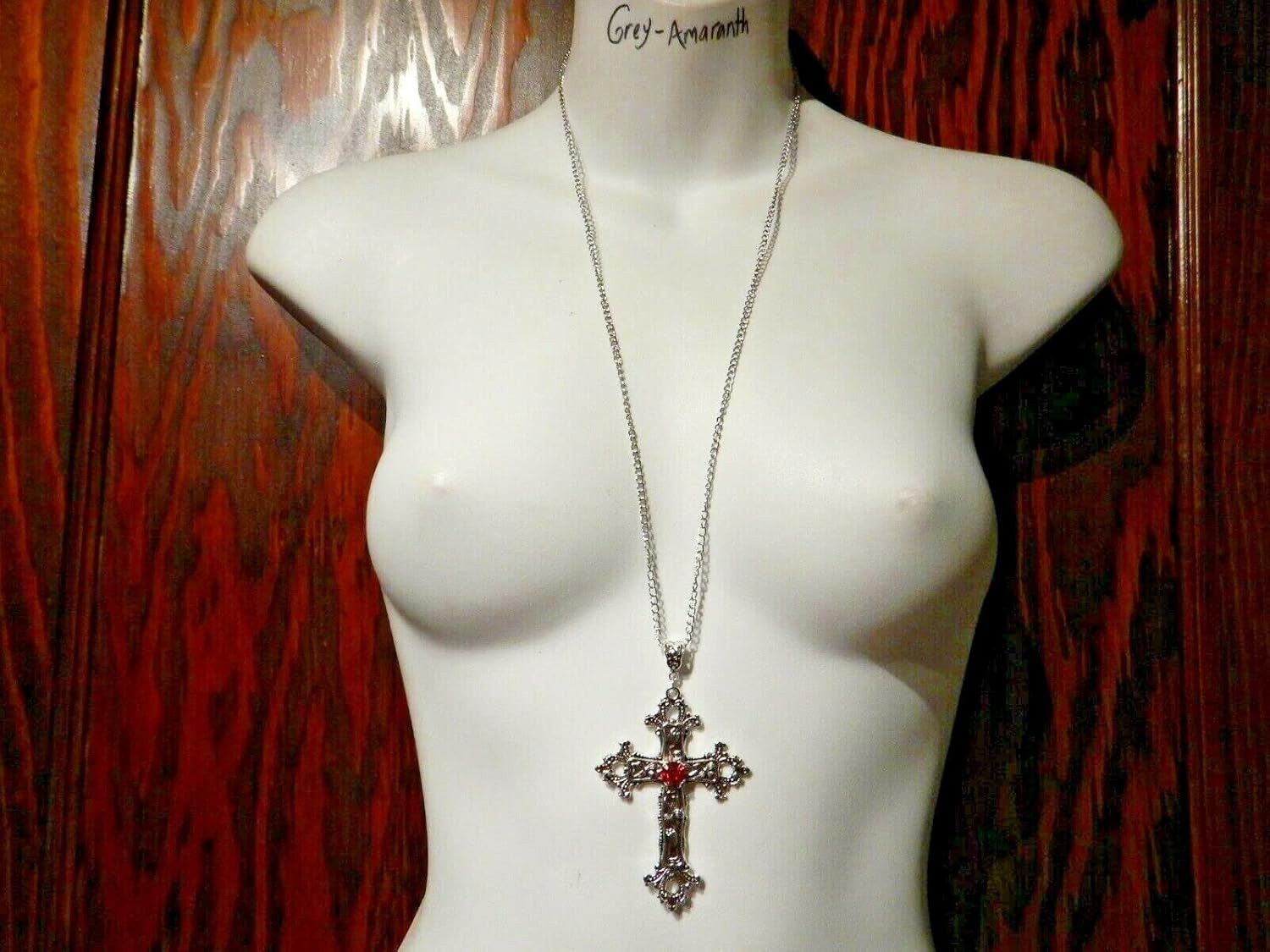 Large Gothic Cross Necklace Silver-Tone Pendant with Glass Stone, on 24″ Steel C