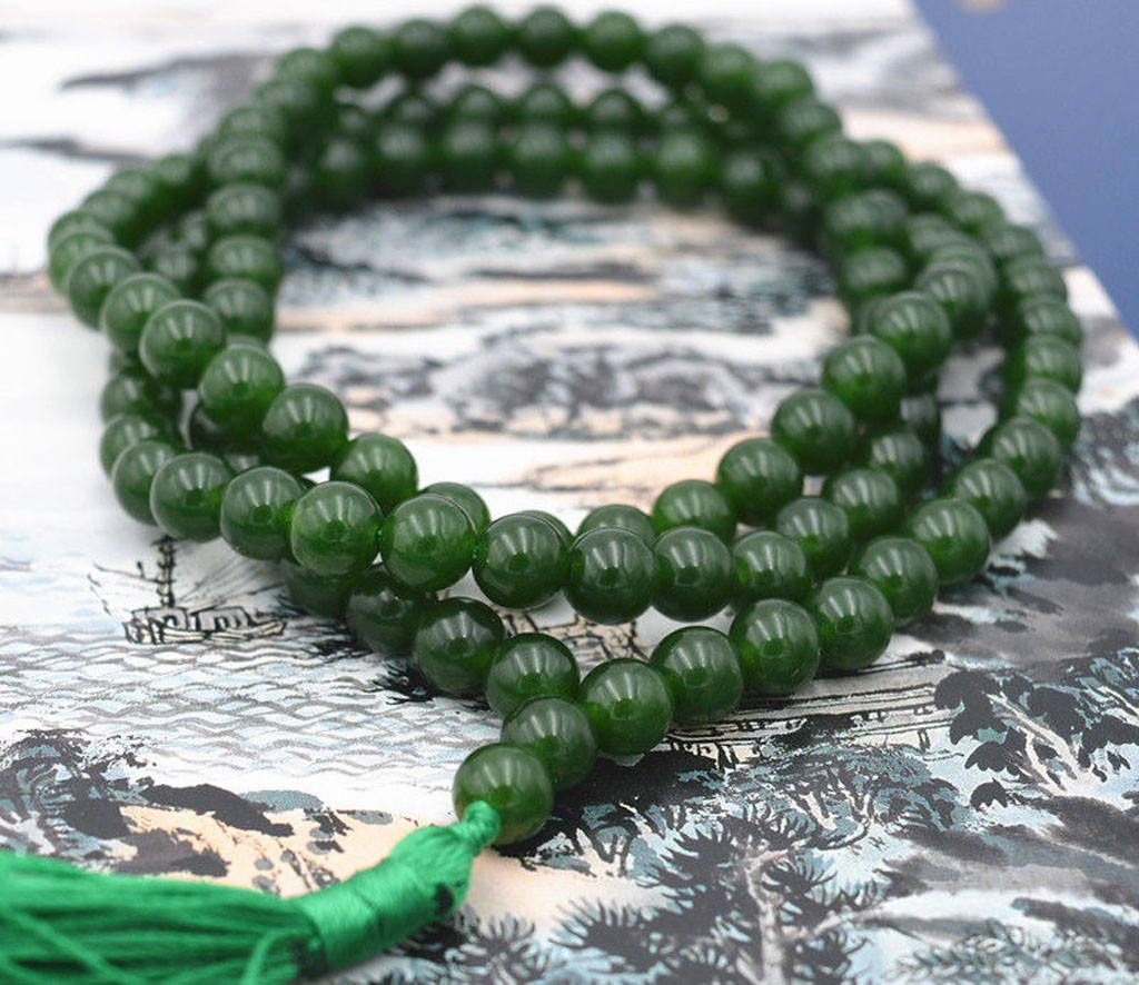 Natural 6mm Dark Green Jade 108 Prayer Beads Buddhist Mala Bracelet Necklace