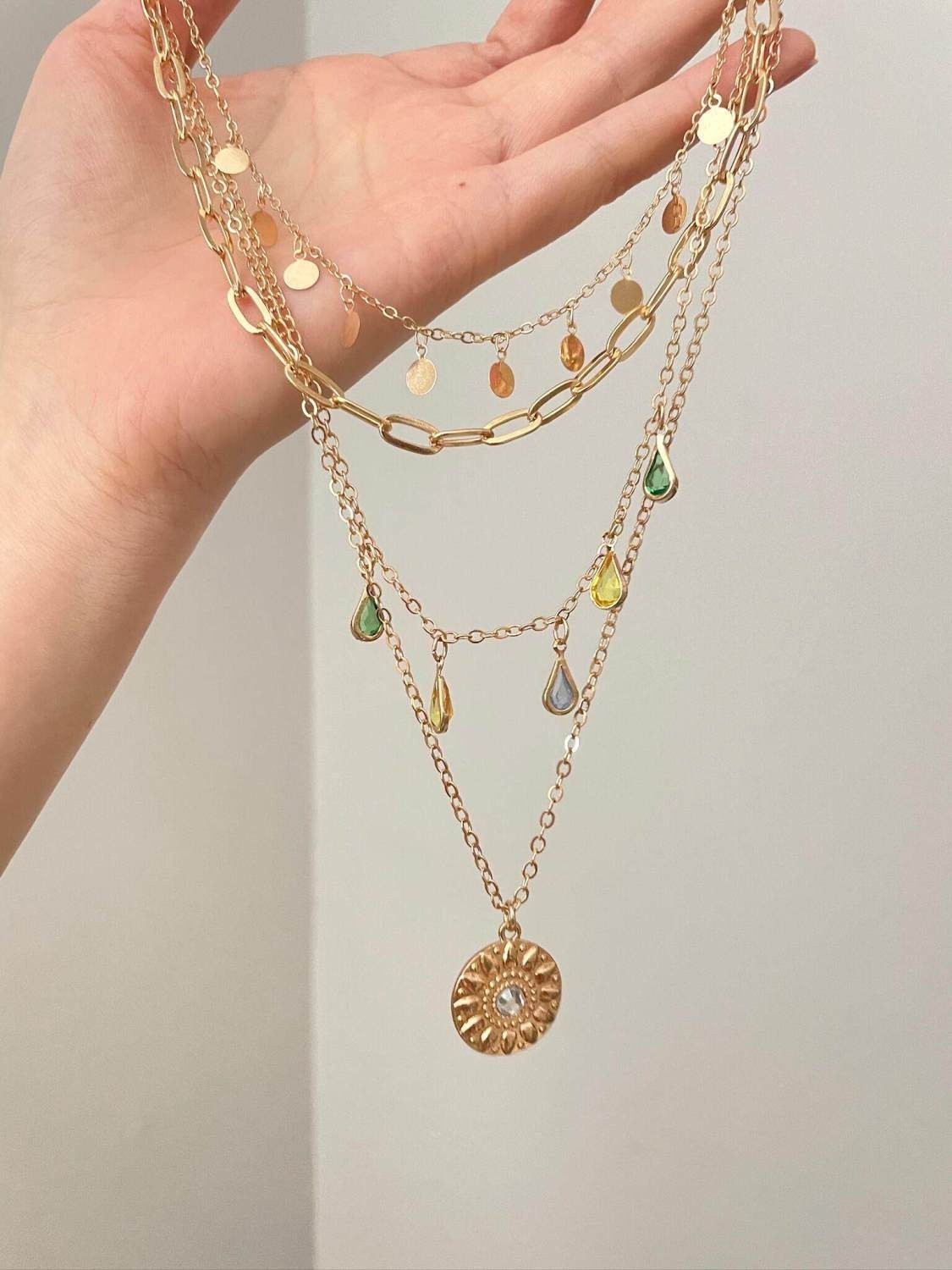 Vintage gold sunflower multi-layered necklace for women, clavicle chain