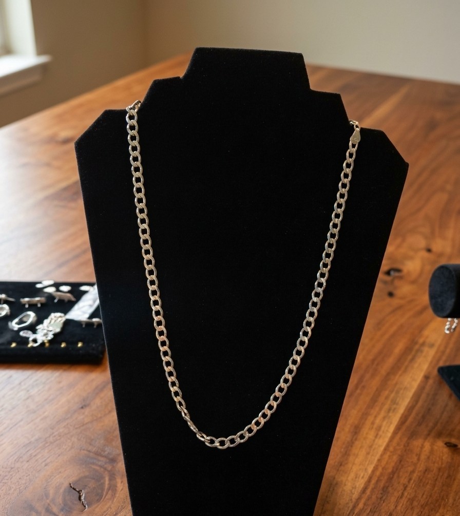 925 Sterling Silver Curb Link Chain Necklace 7.2mm Lobster Clasp Signed