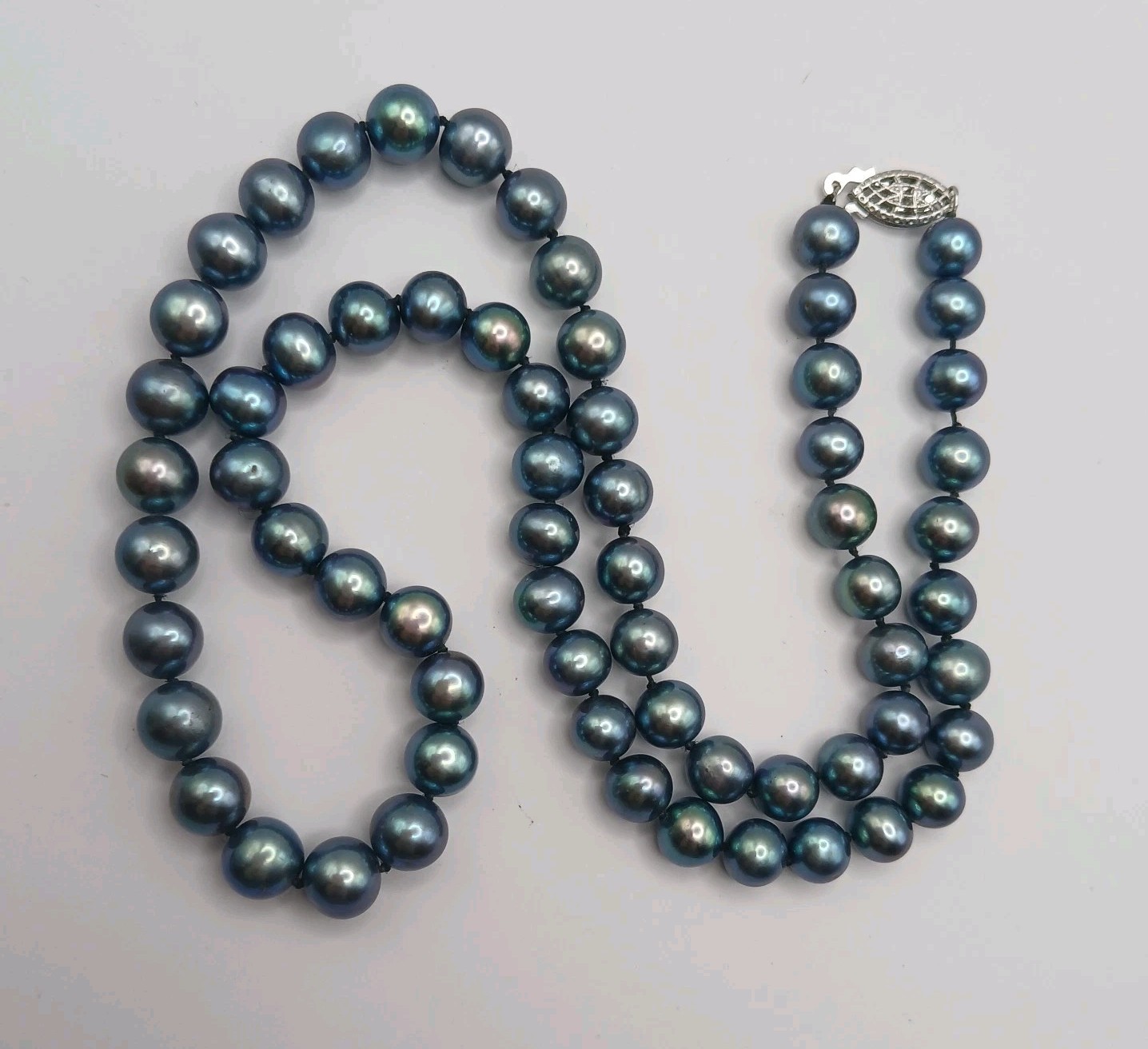 Peacock Black Blue Pearl Necklace “20 White Gold Filled Clasp Hand Knotted 7.5mm