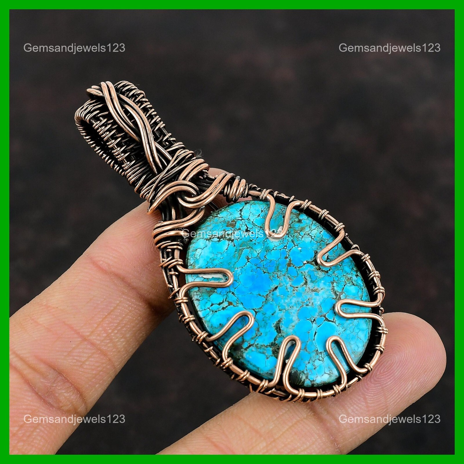 Natural Tibetan Turquoise Copper Wire Wrapped Throat Chakra Wife Pendant Jewelry