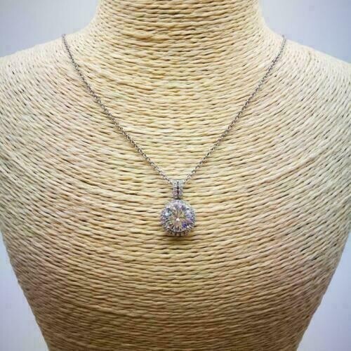 1.50Ct Round Simulated Diamond Halo Beautiful Pendant In 14K White Gold Plated