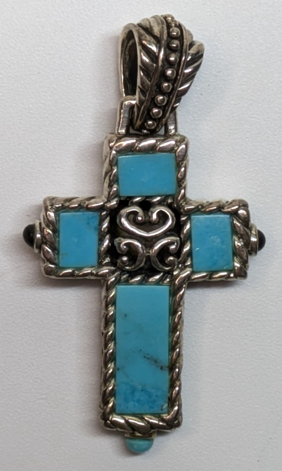 Sterling Silver SX Thailand Reversible Turquoise Onyx Mother of Pearl Pendant 2″