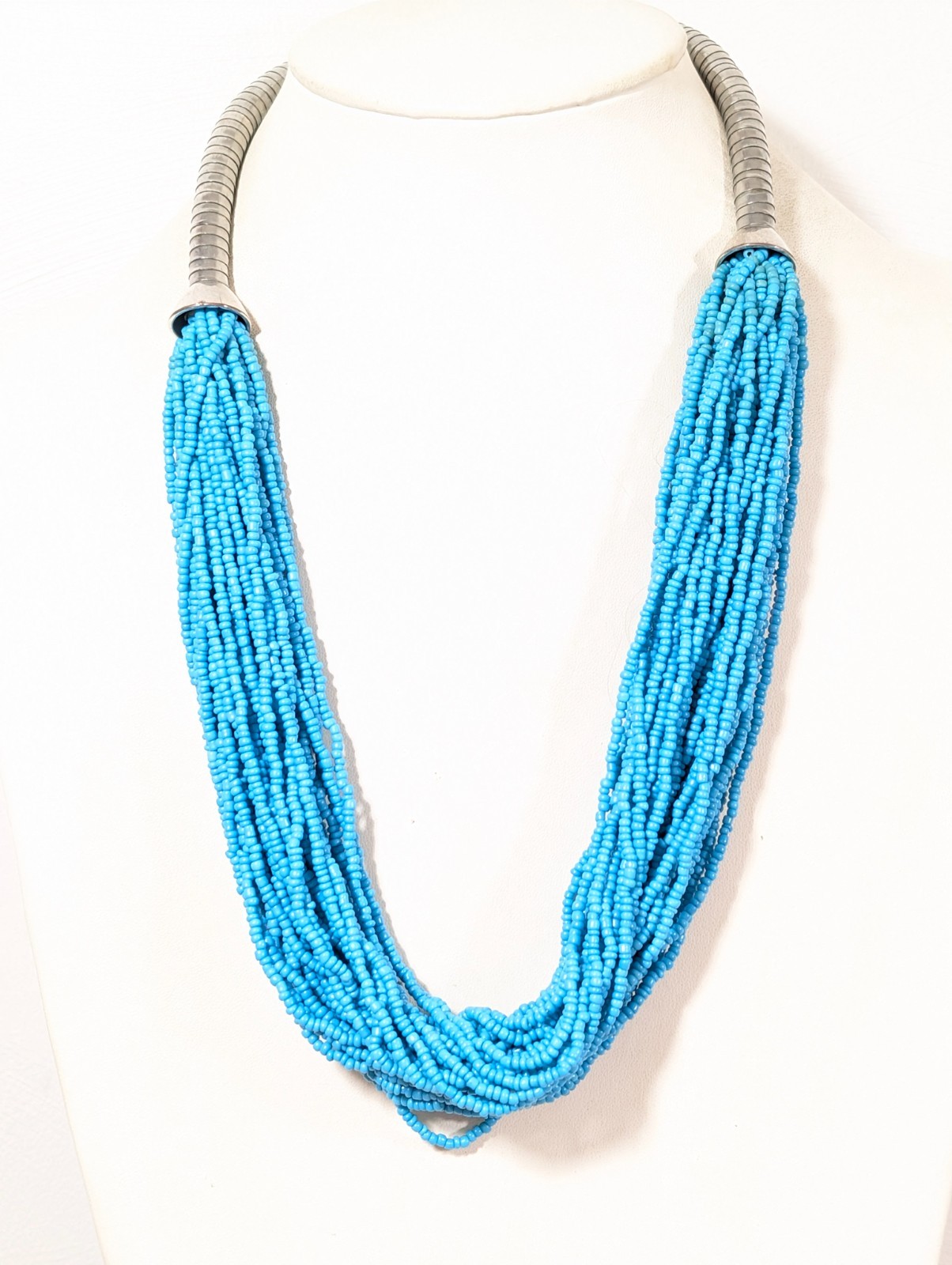 Blue Glass Seed Bead Multi Strand Statement Necklace Western Beachy Boho 27 in