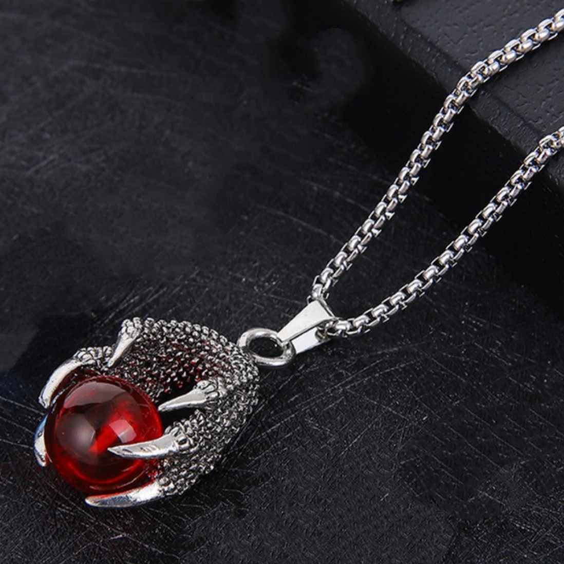 Punk Men’s Retro 3D Dragon Claw Red Crystal Ball Classic Box Chain Necklace