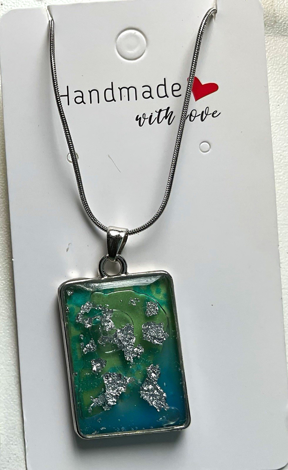 Handmade Rectangle Charm Pendant Necklace, Silver Tone Snake Chain, Blue/Green