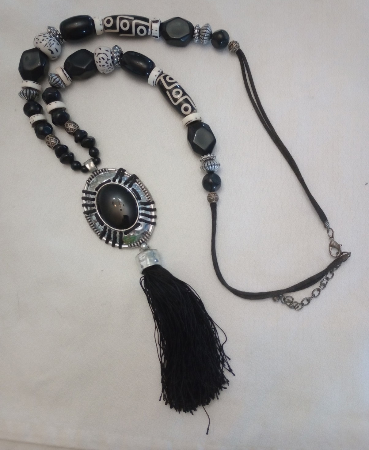 Black & White Glass Beaded Necklace, Oval Tassel Pendant, Adjustable Cord